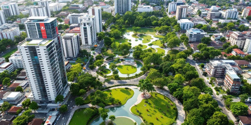 Pemandangan kota Serang dengan taman hijau dan bangunan modern.