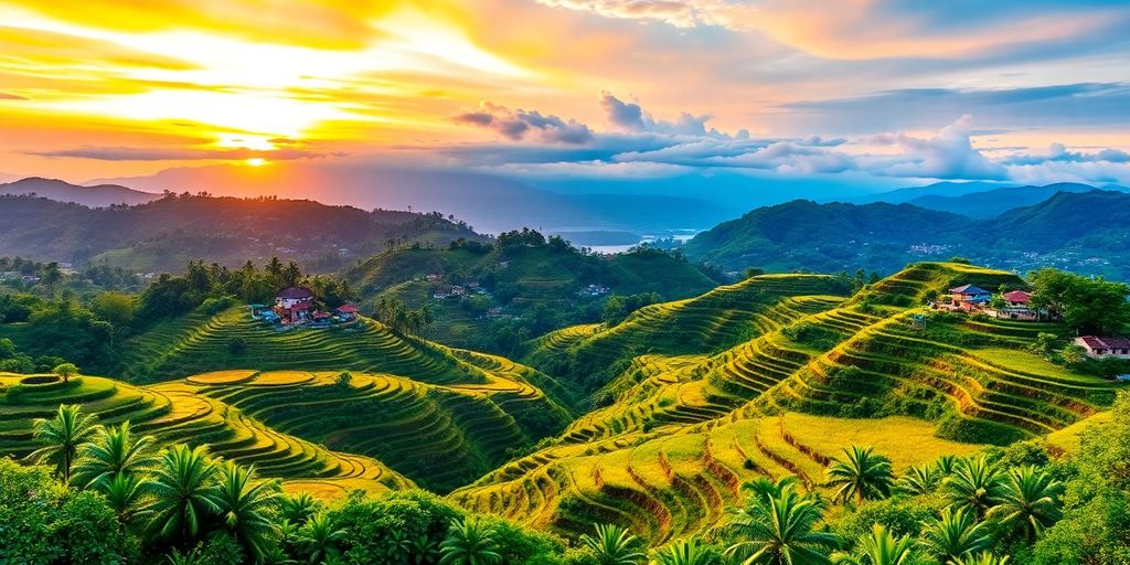 Pemandangan indah Bali dengan sawah dan langit senja.