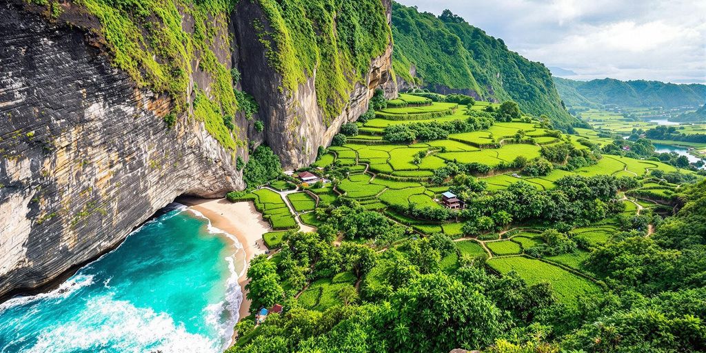 Pemandangan indah Bali dengan pantai dan sawah hijau.