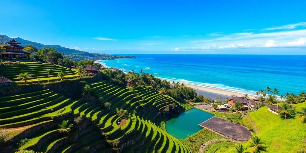 Pemandangan indah Bali dengan sawah hijau dan pantai.